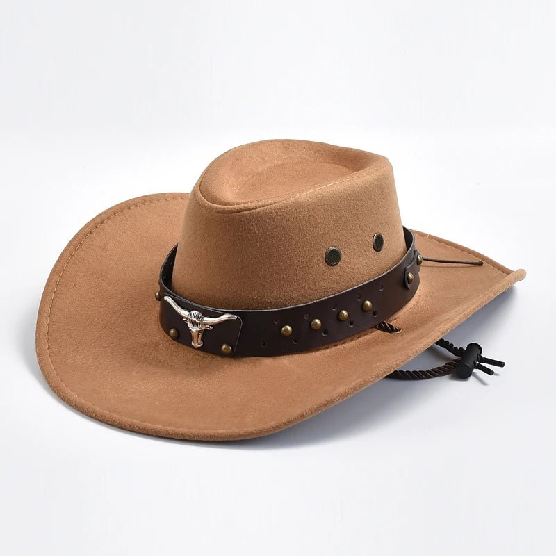 Men's Western Cowboy Hat Studded Band Bull Skull Wide Brim - Khaki