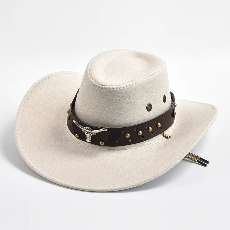 Men's Western Cowboy Hat Studded Band Bull Skull Wide Brim - Ivory