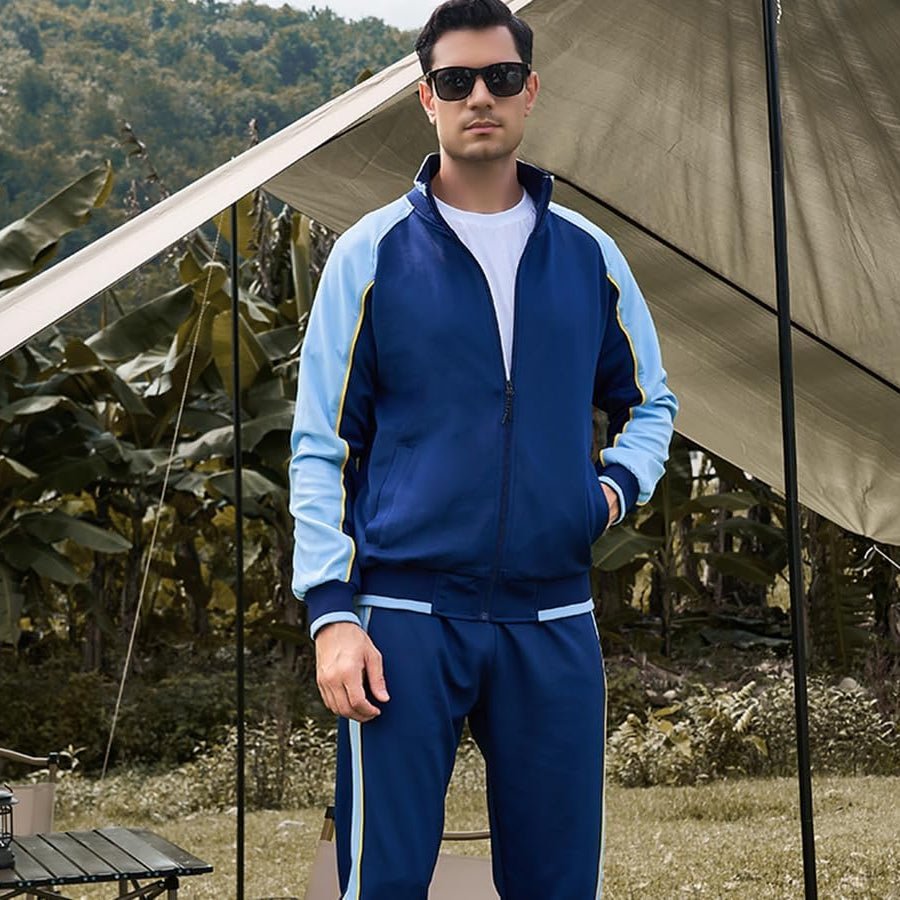 Men's Zip Up Tracksuit Set 2 Piece Color Block Athletic - Dark Blue