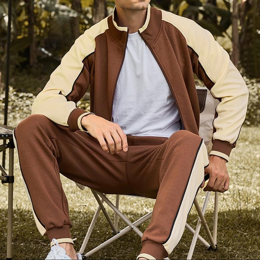 Men's Zip Up Tracksuit Set 2 Piece Color Block Athletic - Brown