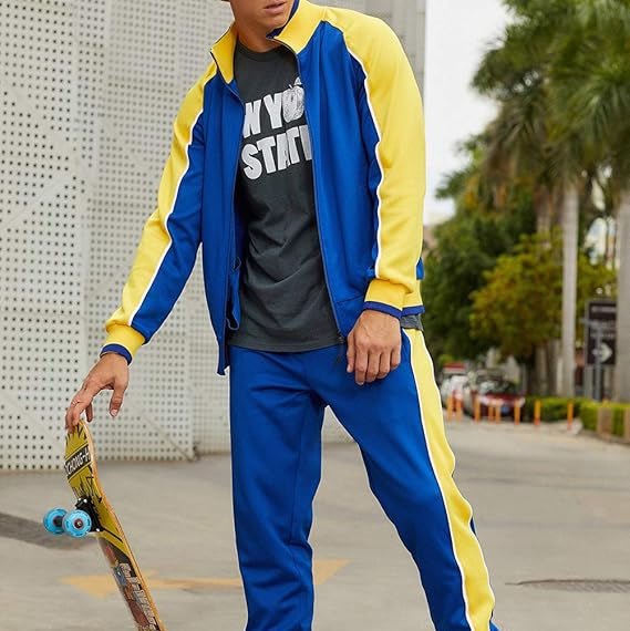 Men's Zip Up Tracksuit Set 2 Piece Color Block Athletic - Blue