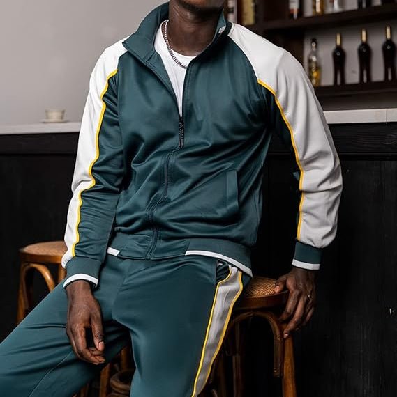 Men's Zip Up Tracksuit Set 2 Piece Color Block Athletic - Green