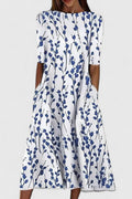 Midi Dress Cotton Floral A-Line Round Neck Pockets - White