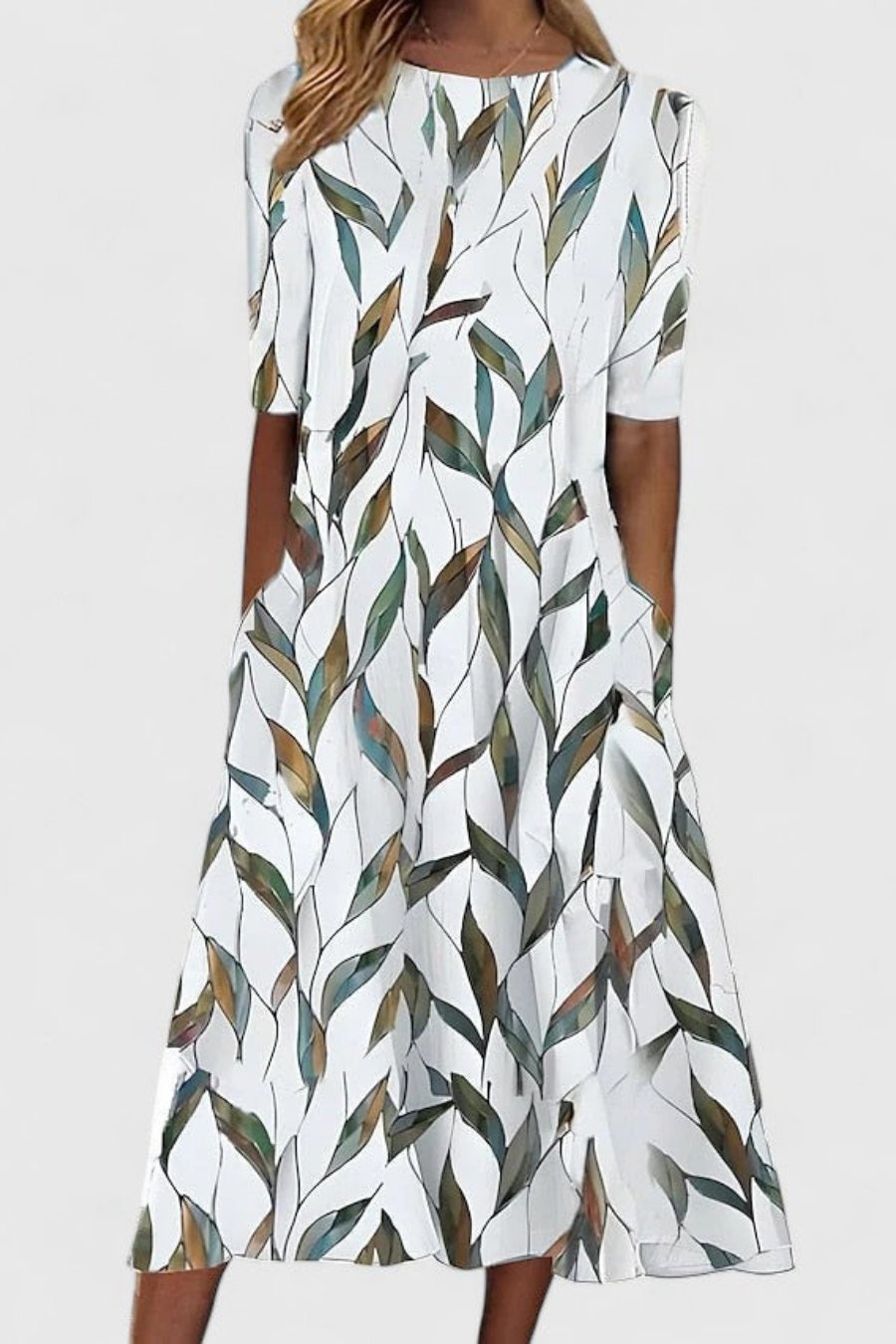 Midi Dress Cotton Floral A-Line Round Neck Pockets - White 2