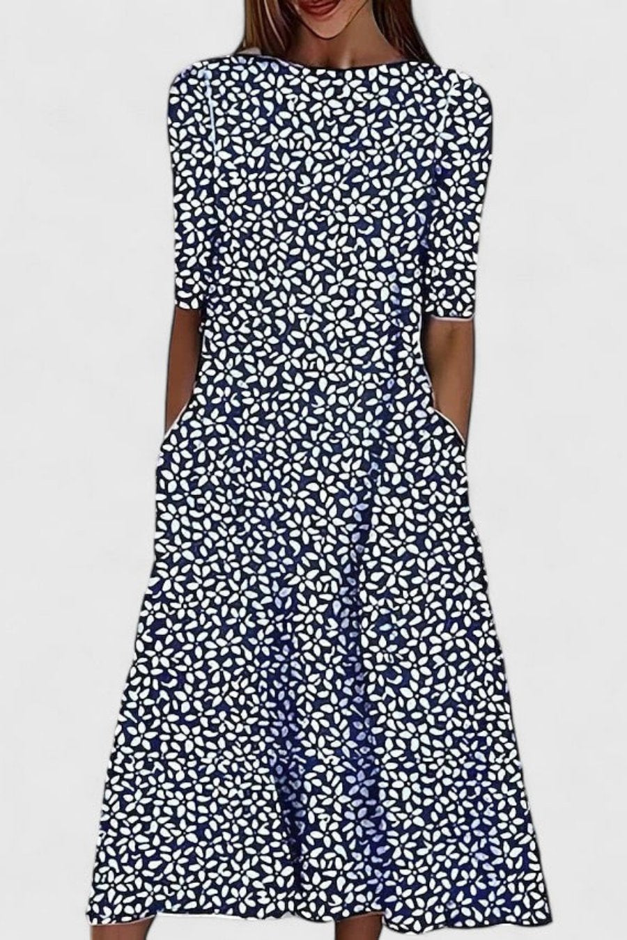 Midi Dress Cotton Floral A-Line Round Neck Pockets - Dark Blue
