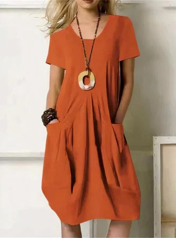 Midi Dress Cotton Gathered Short Sleeve Pockets - Rust