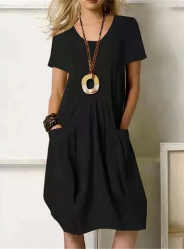 Midi Dress Cotton Gathered Short Sleeve Pockets - Black
