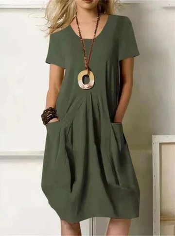 Midi Dress Cotton Gathered Short Sleeve Pockets - Army Green