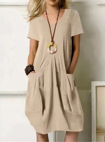Midi Dress Cotton Gathered Short Sleeve Pockets - Beige