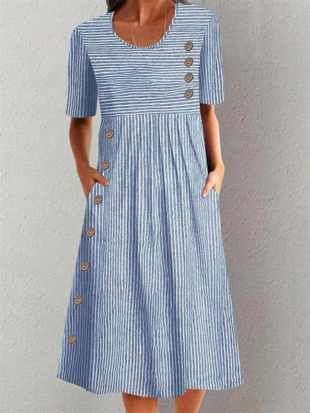 Midi Dress Cotton Striped Button Detail Short Sleeve - Blue
