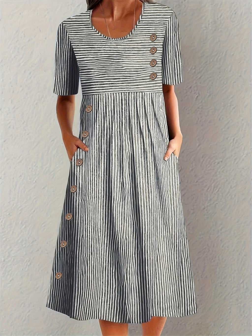 Midi Dress Cotton Striped Button Detail Short Sleeve - Black