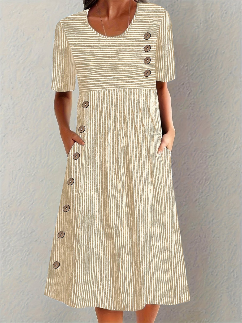 Midi Dress Cotton Striped Button Detail Short Sleeve - Beige