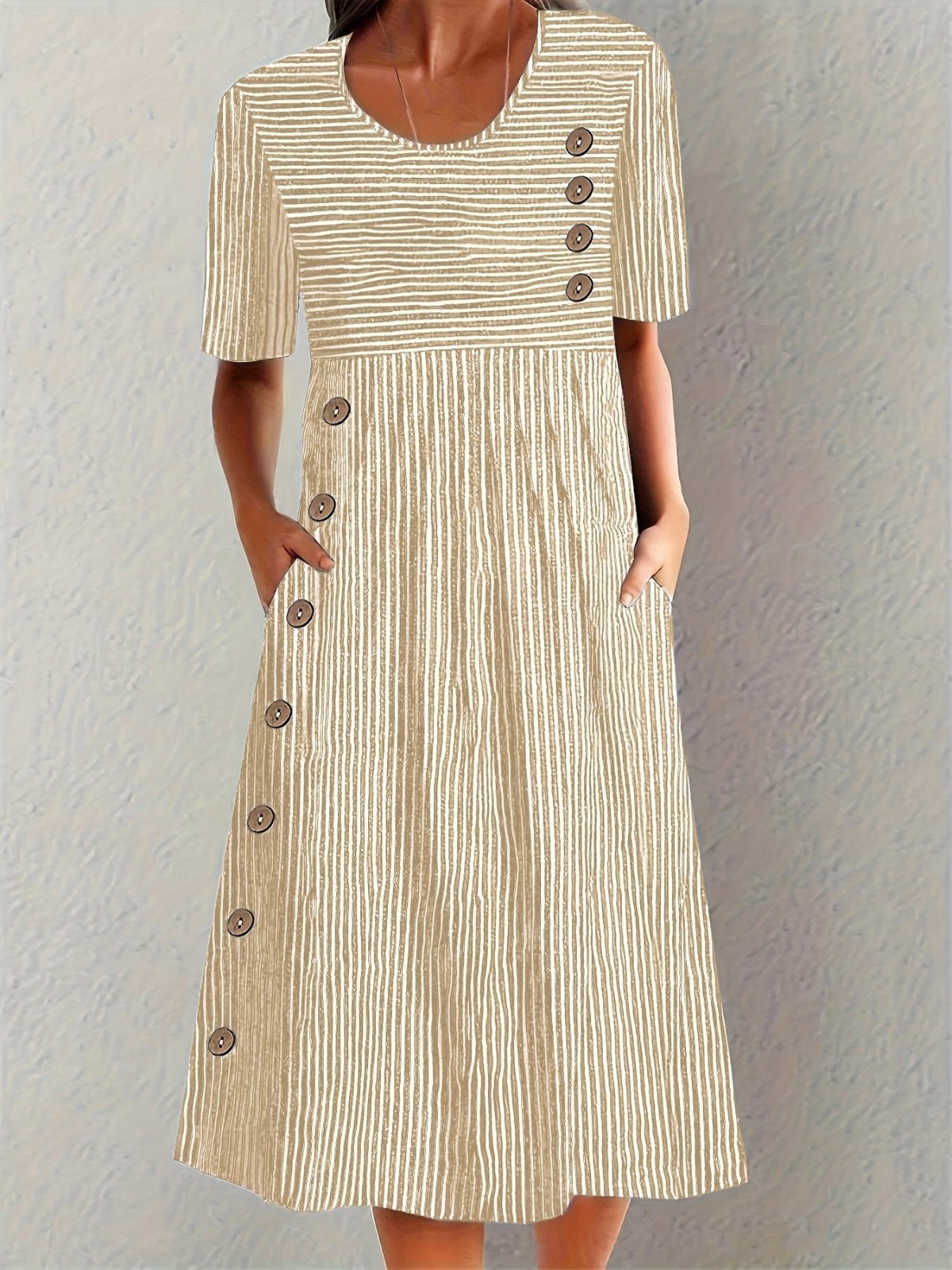 Midi Dress Cotton Striped Button Detail Short Sleeve - Beige