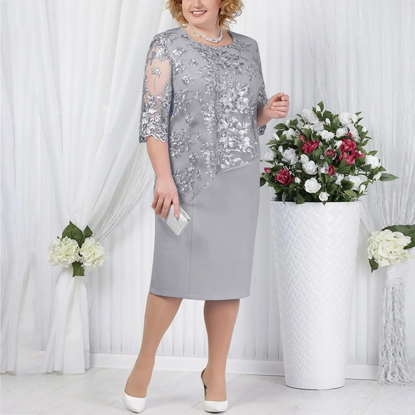 Midi Dress Floral Lace Overlay Three Quarter Sleeve - Grey