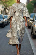 Midi Dress Kimono Sleeve Embroidered Floral Belted Formal - Beige