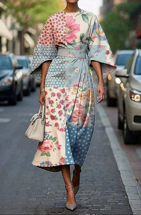 Midi Dress Kimono Sleeve Embroidered Floral Belted Formal - Light Blue