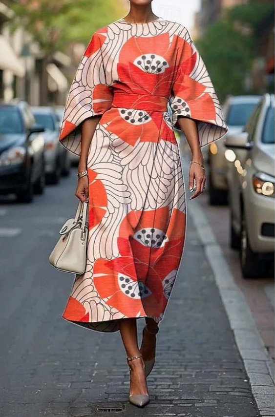 Midi Dress Kimono Sleeve Embroidered Floral Belted Formal - Orange