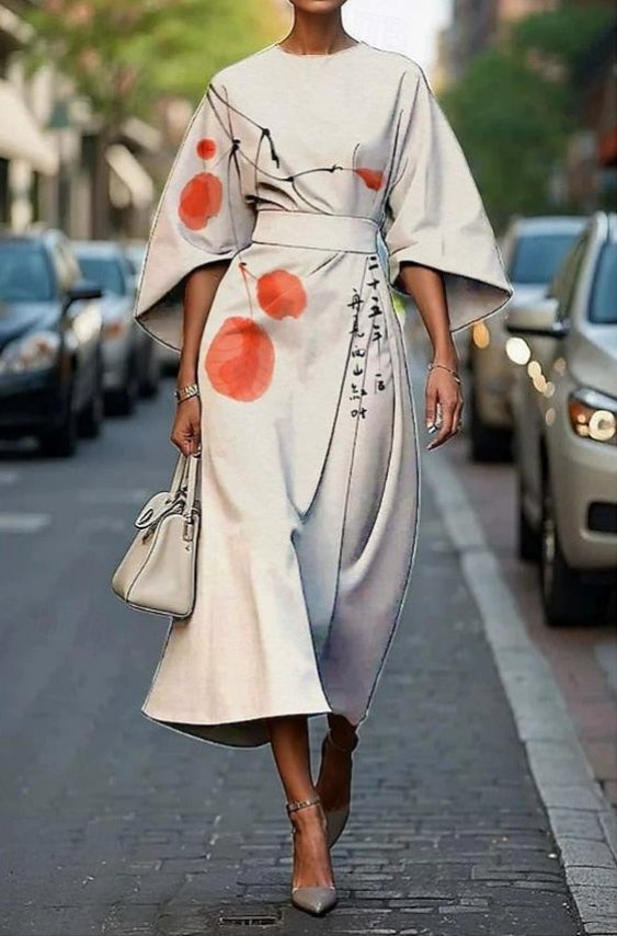 Midi Dress Kimono Sleeve Embroidered Floral Belted Formal - Off White