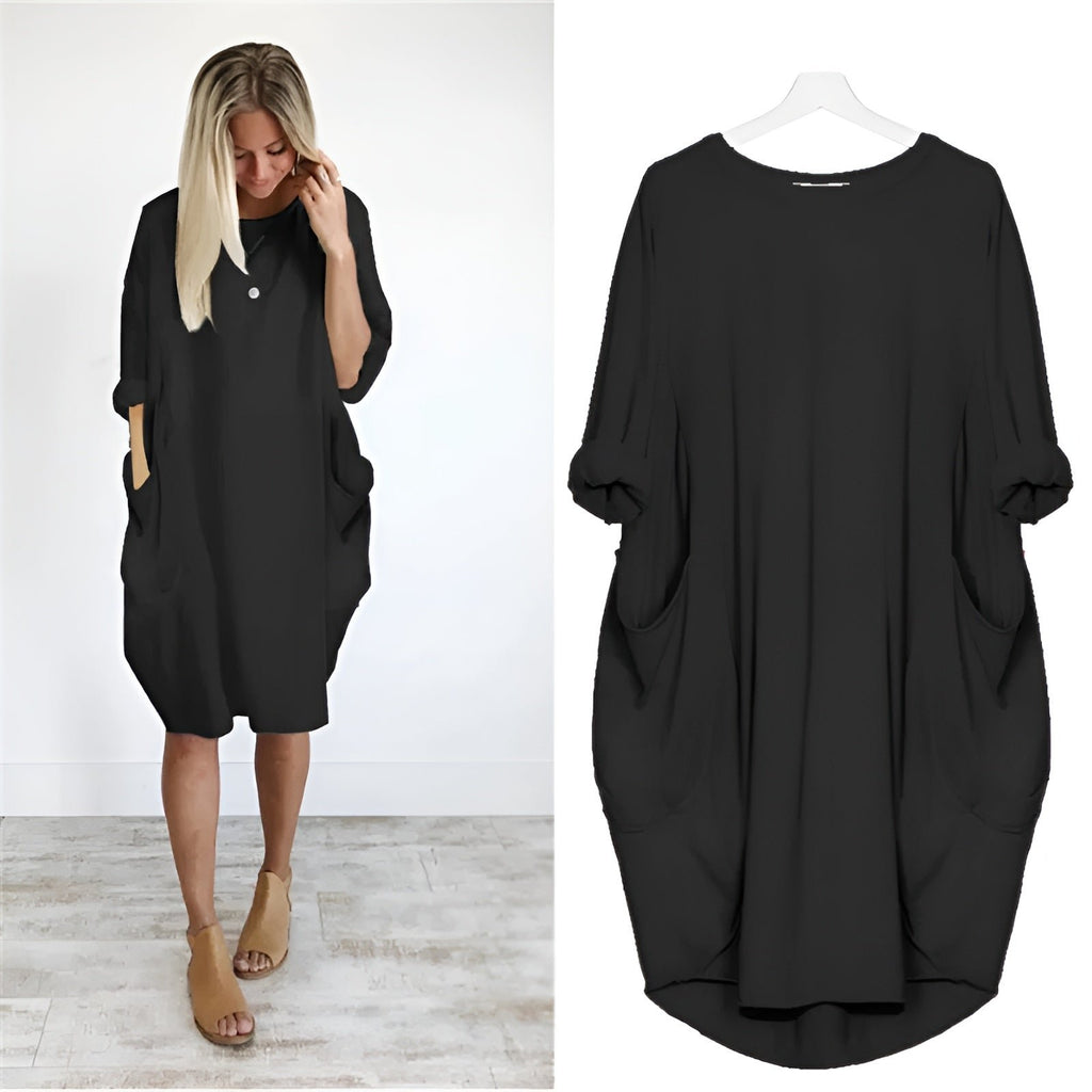 Midi Dress Pockets Round Neck Relaxed Fit Casual - Black