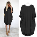 Midi Dress Pockets Round Neck Relaxed Fit Casual - Black
