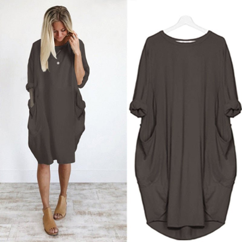 Midi Dress Pockets Round Neck Relaxed Fit Casual - Dark Brown
