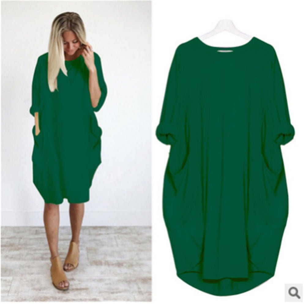 Midi Dress Pockets Round Neck Relaxed Fit Casual - Green