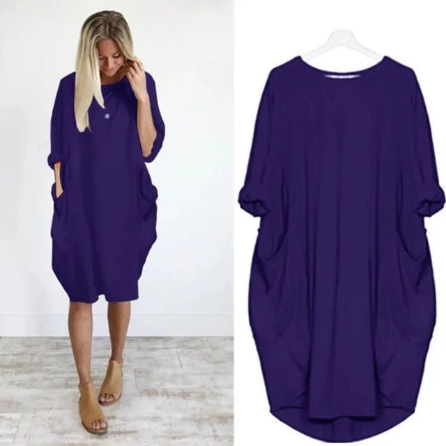 Midi Dress Pockets Round Neck Relaxed Fit Casual - Blue