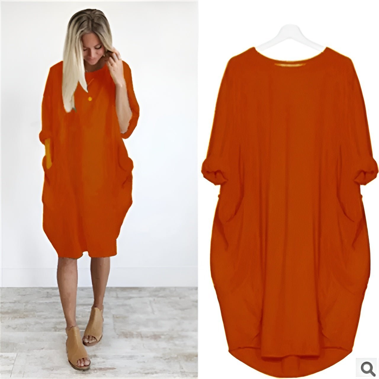 Midi Dress Pockets Round Neck Relaxed Fit Casual - Orange