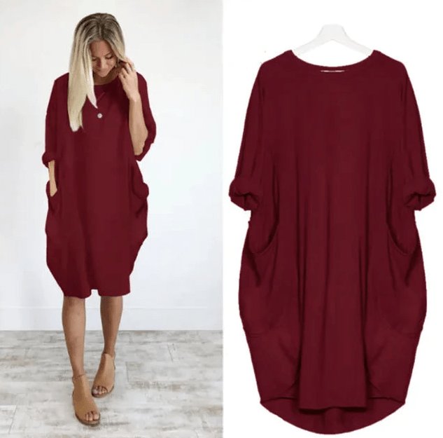 Midi Dress Pockets Round Neck Relaxed Fit Casual - Dark Red