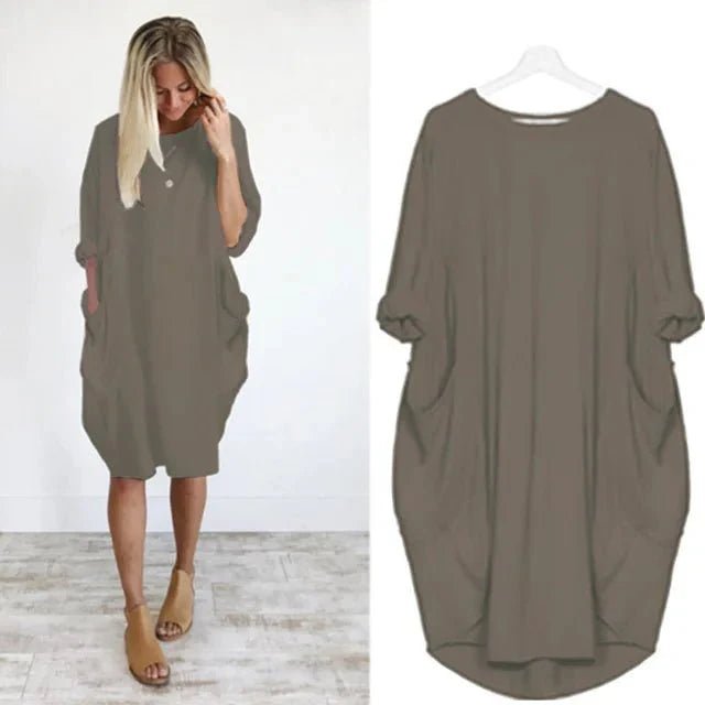 Midi Dress Pockets Round Neck Relaxed Fit Casual - Dark Gray