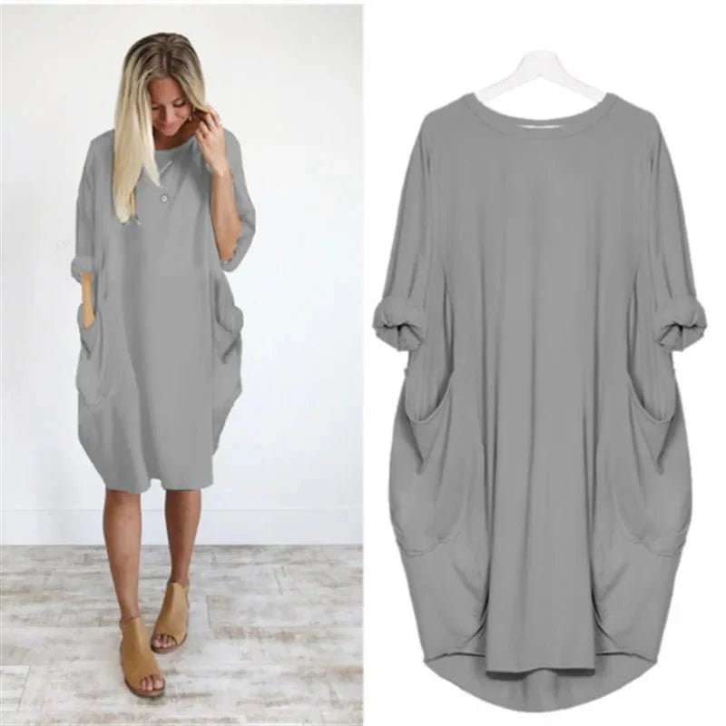 Midi Dress Pockets Round Neck Relaxed Fit Casual - Gray