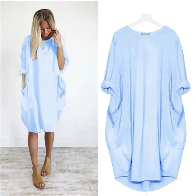 Midi Dress Pockets Round Neck Relaxed Fit Casual - Light Blue