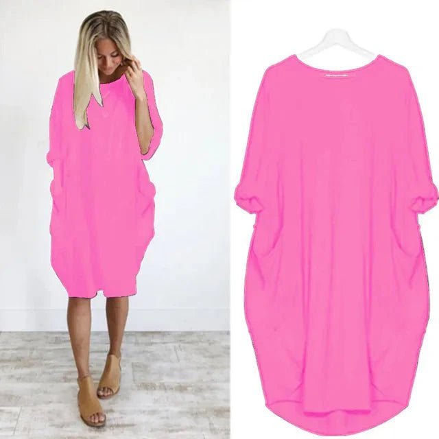 Midi Dress Pockets Round Neck Relaxed Fit Casual - Pink