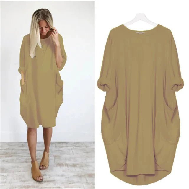 Midi Dress Pockets Round Neck Relaxed Fit Casual - Khaki
