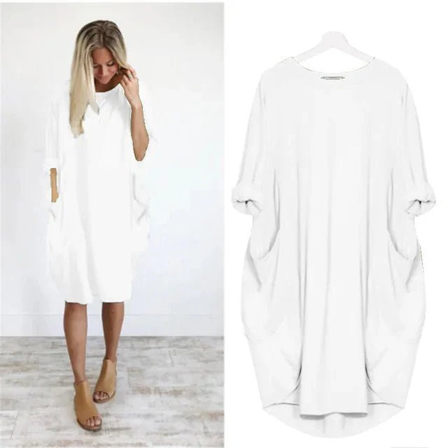 Midi Dress Pockets Round Neck Relaxed Fit Casual - White