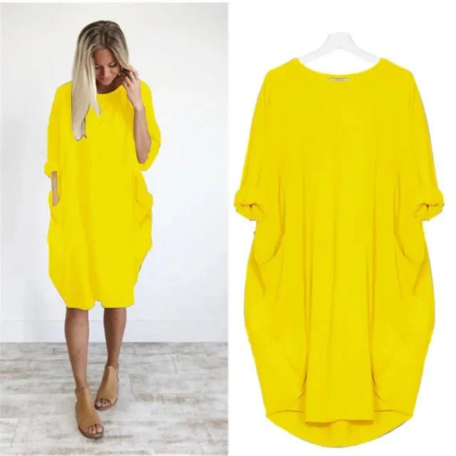 Midi Dress Pockets Round Neck Relaxed Fit Casual - Yellow