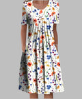 Midi Dress Short Sleeve Floral Print V-Neck A-Line - White and Red
