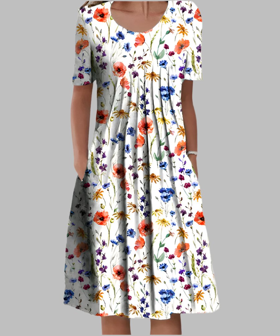 Midi Dress Short Sleeve Floral Print V-Neck A-Line - White and Red