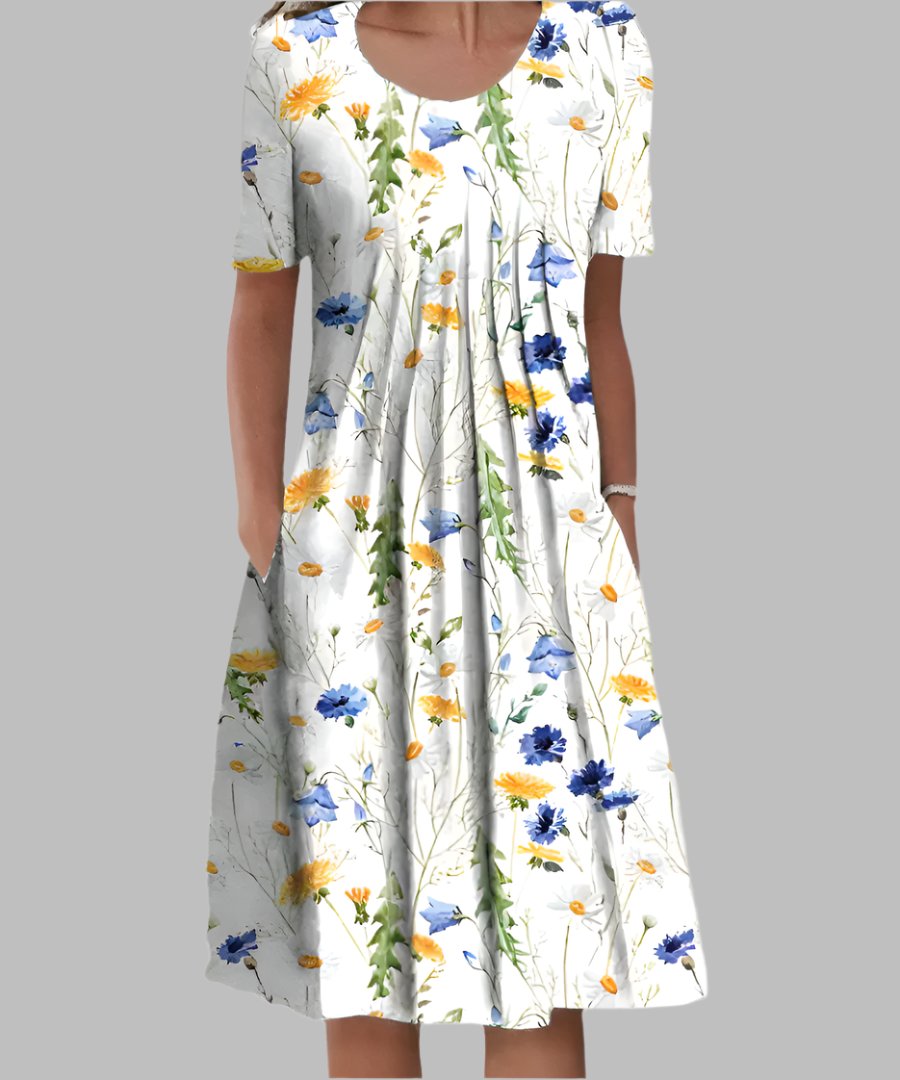 Midi Dress Short Sleeve Floral Print V-Neck A-Line - White with Yellow