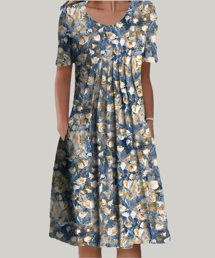 Midi Dress Short Sleeve Floral Print V-Neck A-Line - Blue and White