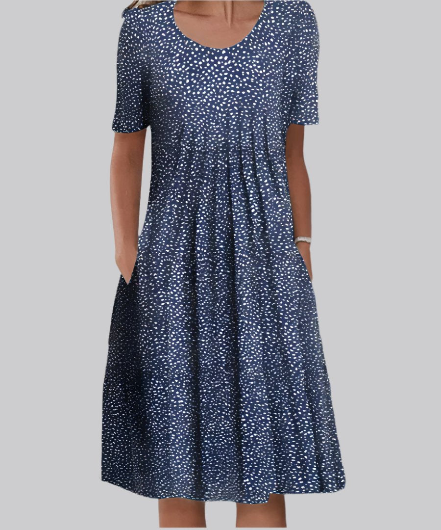 Midi Dress Short Sleeve Floral Print V-Neck A-Line - Blue Polka Dots