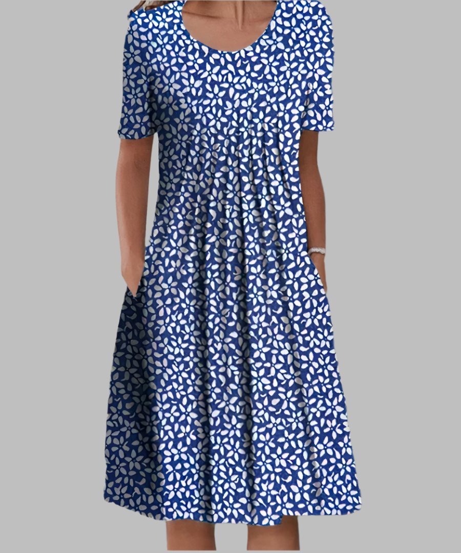 Midi Dress Short Sleeve Floral Print V-Neck A-Line - Blue with Flowers