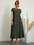 Midi Dress Short Sleeve Round Neck Side Pockets - Dark Green