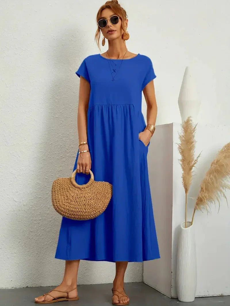 Midi Dress Short Sleeve Round Neck Side Pockets - Blue
