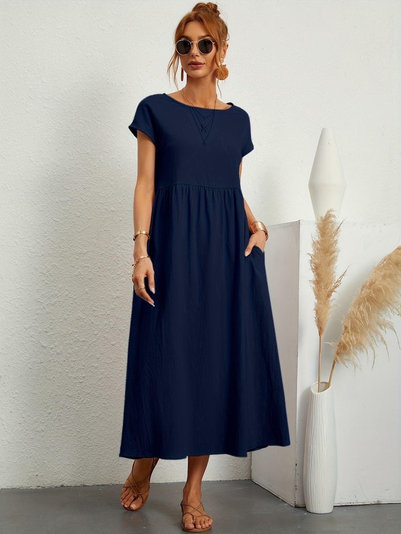Midi Dress Short Sleeve Round Neck Side Pockets - Dark Blue