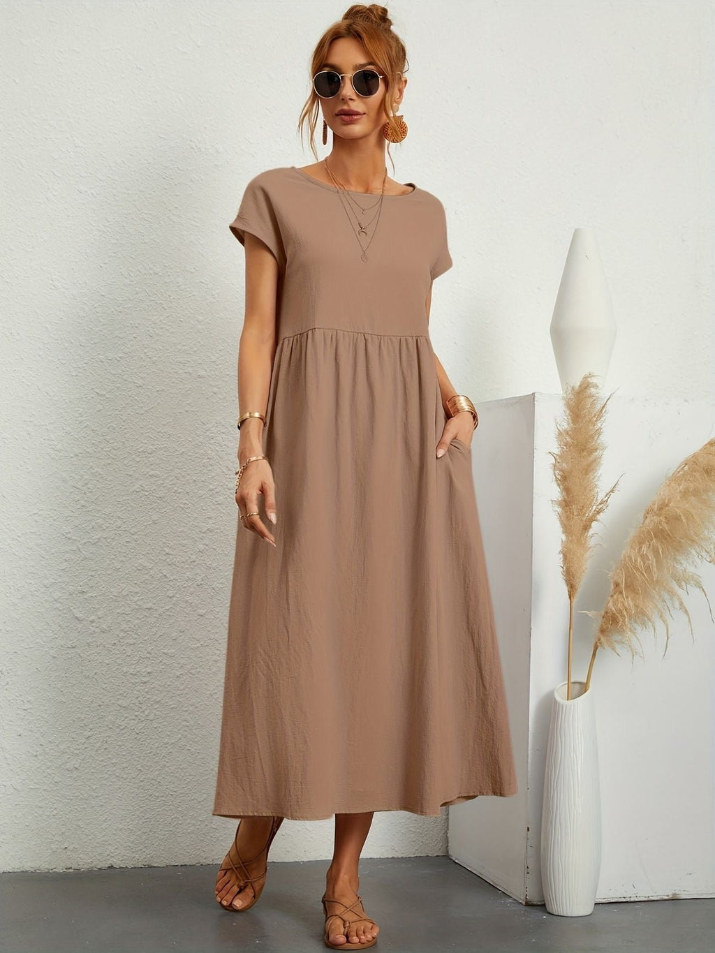 Midi Dress Short Sleeve Round Neck Side Pockets - Khaki