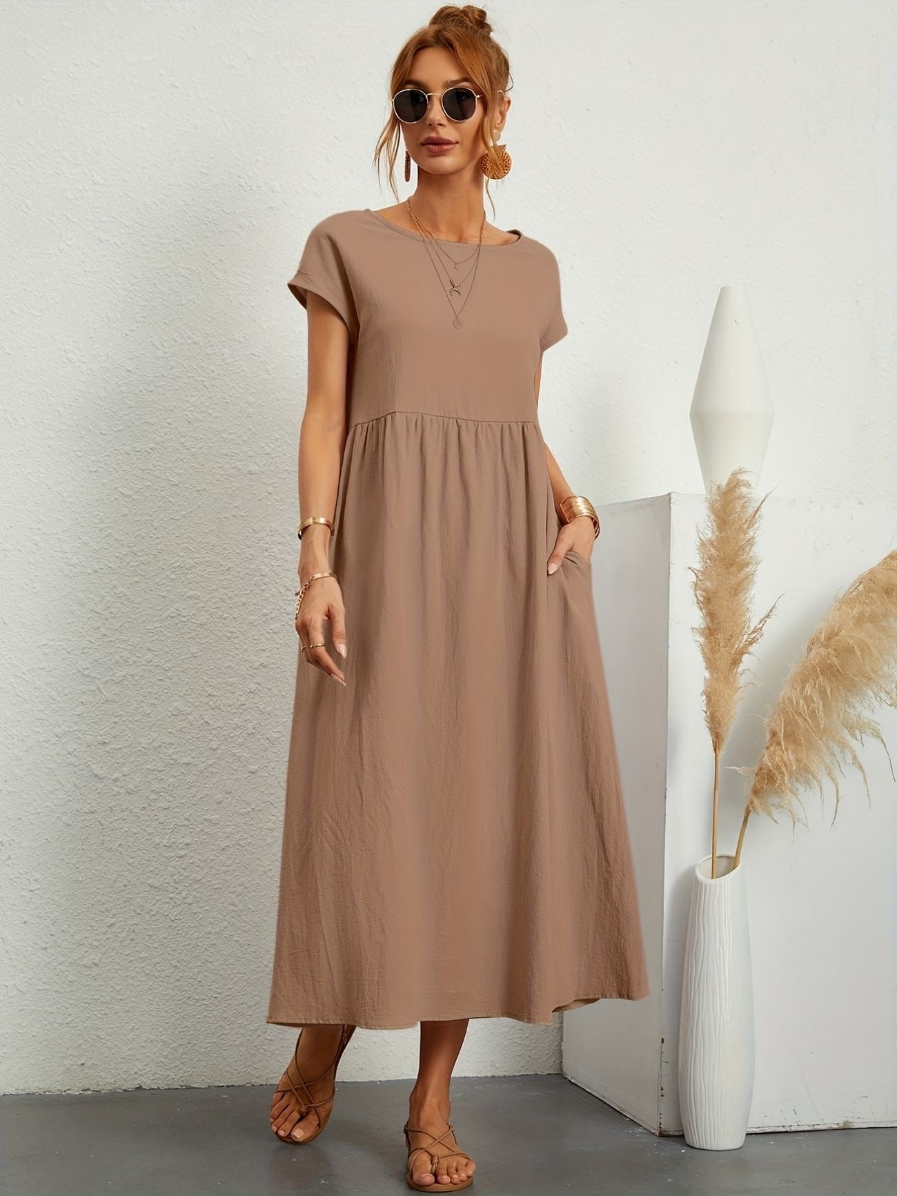 Midi Dress Short Sleeve Round Neck Side Pockets - Khaki