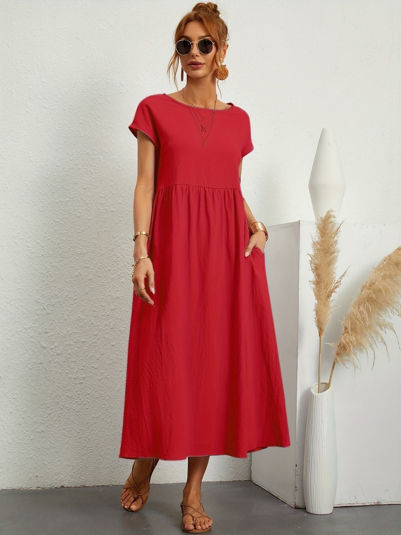 Midi Dress Short Sleeve Round Neck Side Pockets - Red