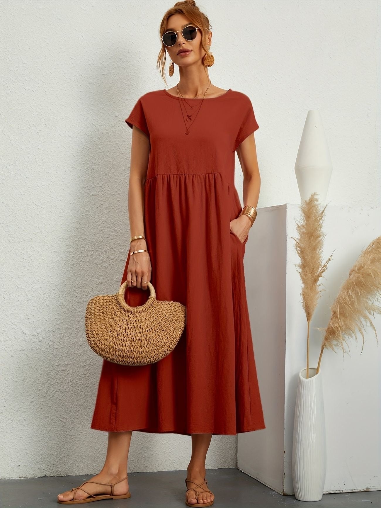 Midi Dress Short Sleeve Round Neck Side Pockets - Orange