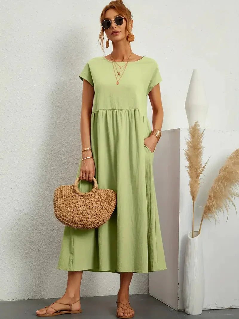 Midi Dress Short Sleeve Round Neck Side Pockets - Green